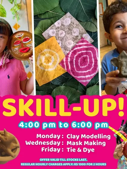 A collage showcasing the variety of our Skill-Up workshops in Chennai, including mask making, tie-dye, and clay modeling.