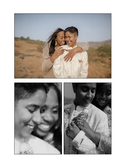 A collage of joyful, intimate embraces. These photos show the safety and certainty in their touch, a love that is not for show but is deeply felt.