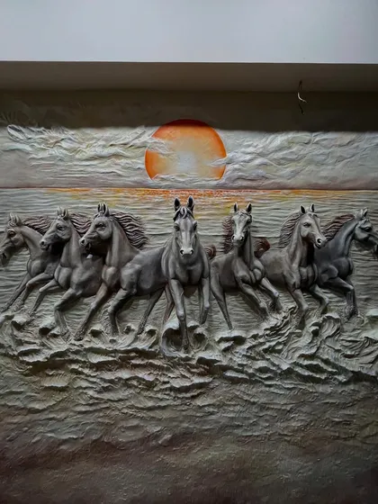 A frontal view of the dark horse series mural, where you can see the detail in each of the seven horses.