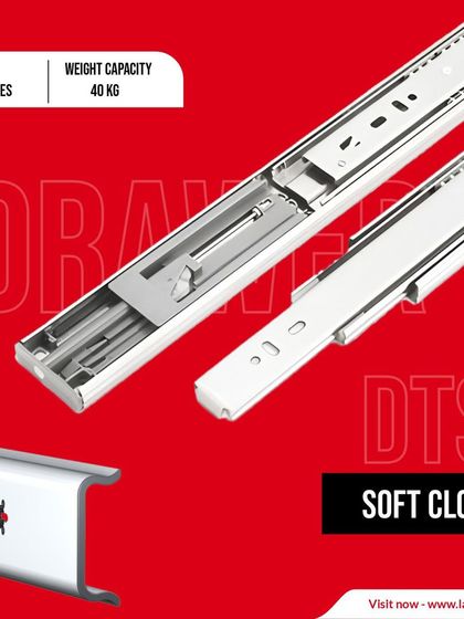 This DTS soft-close drawer slide supports up to 40 kg, making it a versatile and reliable choice for standard kitchen and wardrobe drawers.