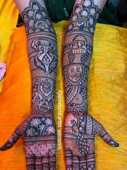 This design combines bold peacock figures with intricate jaali (net) patterns. The contrast between the dark and light spaces makes the design pop.