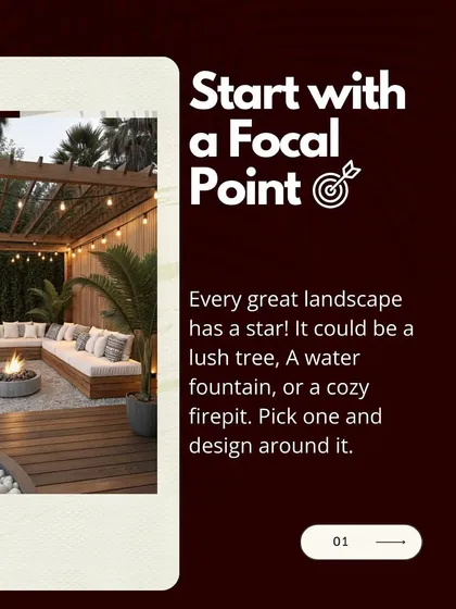 Every great landscape begins with a single, strong idea. I believe in establishing a focal point, like this inviting firepit, to anchor the entire design. Here, it is the heart of a cozy outdoor lounge, complete with a wooden pergola and ambient string lights, creating the perfect setting for relaxation and connection.