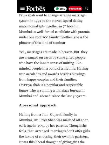 My features in Forbes India delve into my personal approach to matchmaking, which has been trusted by India's top families for nearly 9,000 marriages. The articles discuss how I pioneered large-scale matrimonial events and built a legacy of trust and success.