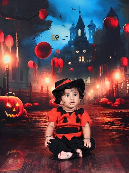 A sitting baby in a witch hat, looking curious about the spooky surroundings. This Halloween-themed shoot is a great way to celebrate the holiday with your little one.