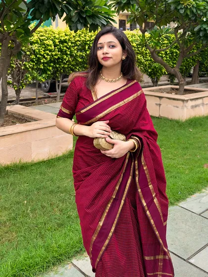A saree story from my time in South India. This gorgeous south cotton saree was a gift, and I styled it for Ganesh Chaturthi with replica temple jewelry. I love how the rich maroon and gold create such an elegant and festive look.