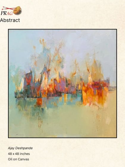 An abstract cityscape by Ajay Deshpande, where buildings and reflections dissolve into expressive strokes of color and light.