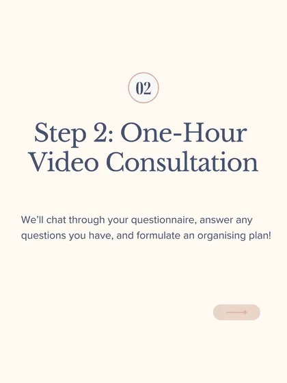 Step 2 is our one-hour video consultation. We'll walk through your space virtually, discuss your questionnaire, and formulate a clear organizing plan together.