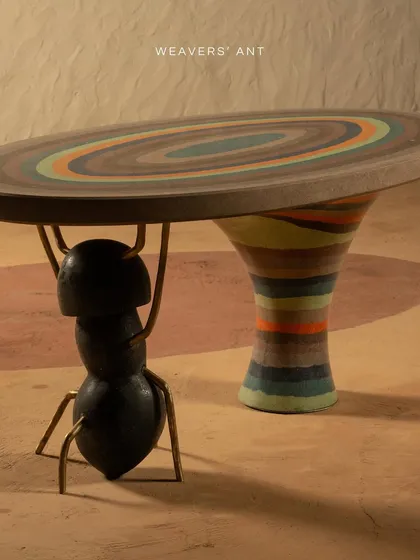 Inspired by the colorful mountains of Argentina and nature's tiny architects, the Weavers' Ant table is a piece of art. The tabletop features hand-poured pigments, and the entire structure is a testament to balancing playful design with serious craftsmanship.