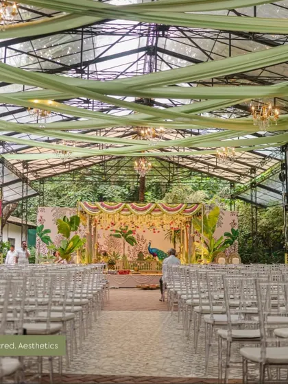 We designed this stunning South Indian wedding mandap in a glasshouse, blending the lush green outdoors with traditional decor. The custom-painted backdrop featuring a majestic peacock and tropical foliage created a vibrant yet sacred atmosphere for the ceremony.
