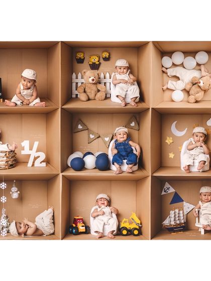 A creative collage showing nine different "in the box" setups for a six-month milestone. This showcases the versatility and fun we can have with this theme.