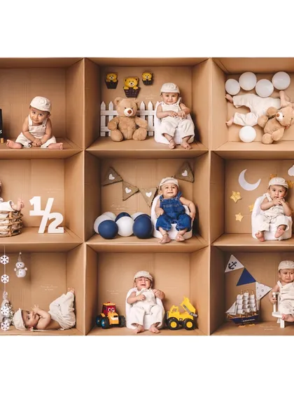 A creative collage showing nine different "in the box" setups for a six-month milestone. This showcases the versatility and fun we can have with this theme.