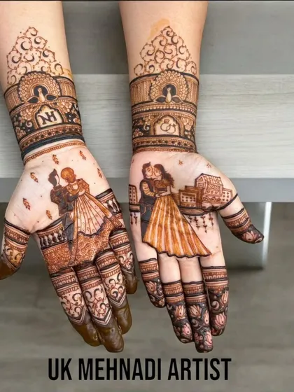 For Karwa Chauth or your anniversary, I can create personalized couple portraits right on your hands. This design tells a love story, with the couple dancing on one hand and their initials on the other, surrounded by beautiful traditional patterns.
