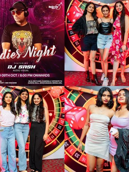 A Ladies' Night poster combined with photos of the crowd. I deliver an exclusive audio-visual set of Bollywood and Punjabi hits.