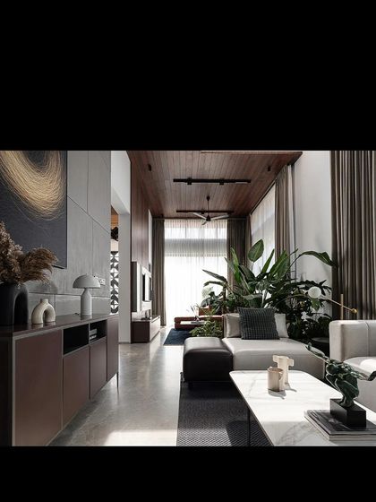 The 'Open Sky Residence' features a long, linear living space with a wooden ceiling and floor-to-ceiling glass walls that open up to lush greenery.