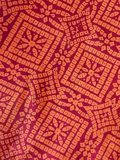 A vintage Kanjeevaram silk saree from our founder's personal collection, overprinted with a vintage block that mimics a 'chunadi' or bandhani pattern. This piece was part of a collaboration to promote the renewing of pre-loved sarees.
