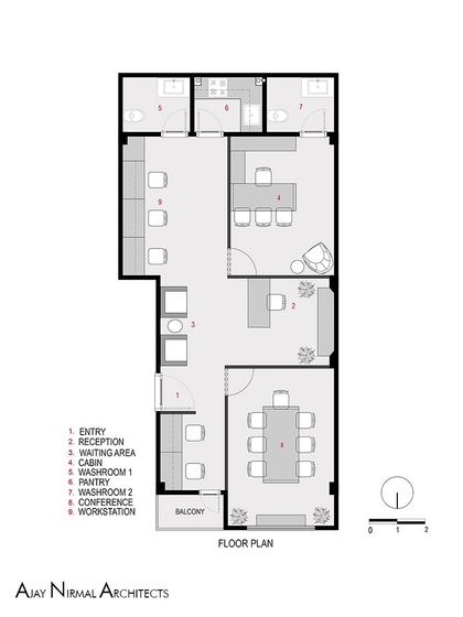 The initial floor plan for the 800 sq.ft. Jain Cosphere Office. The concept started with creating distinct zones for reception, cabin, conference, and workstations, using partitions to provide privacy in a small space.