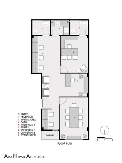 The proposed furniture layout plan for the Jain Cosphere Office. The plan shows how we created distinct zones for reception, cabins, and workstations while maintaining an open feel in a small space.