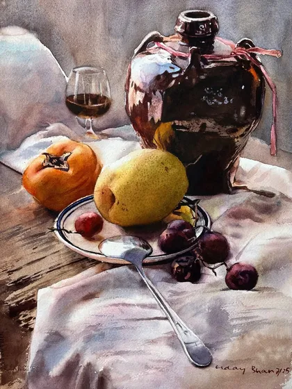 Still life painting is a wonderful way to master the fundamentals. In this demonstration, we focus on how light interacts with different surfaces: the cool glaze of the jug, the soft skin of the fruit, and the delicate folds of the cloth. It’s a study in texture, form, and realism.
