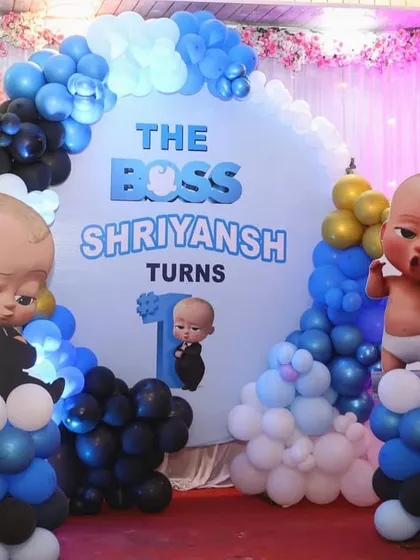 Another angle of the grand Boss Baby first birthday stage, capturing all the different character props.