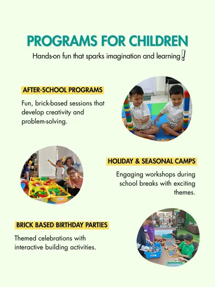 I offer a variety of ways for your child to learn and play. This graphic gives a quick overview of my most popular offerings, including after school programs, holiday camps, and of course, my brick based birthday parties.