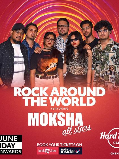 A promotional poster for our "Rock Around The World" show in Chennai. This graphic features the full band and gives clients an idea of our professional image and rock-centric theme.
