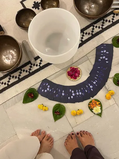 The tools of our sound healing practice. Tibetan singing bowls, crystal bowls, and oracle cards are used to create a multi-sensory experience that promotes deep healing and reflection.