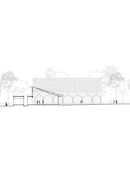 A sectional illustration of the Hoodi Convention Center, showing the vaulted interior of one of the main halls.