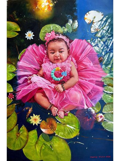 Another view of the "Ishanvi" oil painting, highlighting the reflections in the water and the texture of the lily pads.