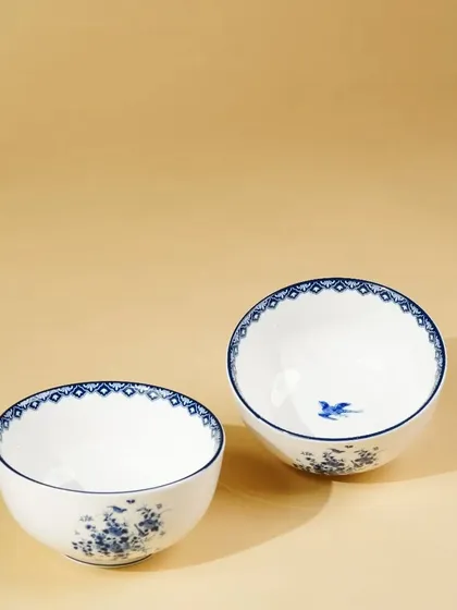 A clean shot of two blue-and-white patterned bowls, using negative space to draw attention to the product's elegant design.