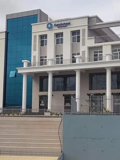 The main elevation of the completed EuroSchool building at Hesaraghatta Main Road. This view highlights the blend of contemporary design, with its clean lines and glass curtain wall, and classical elements like the pillared entrance, creating an imposing and welcoming institutional structure.