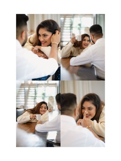 A series of candid moments from a coffee date photoshoot. We love capturing the natural flow of conversation and the playful glances that happen when a couple is simply enjoying each other's company.