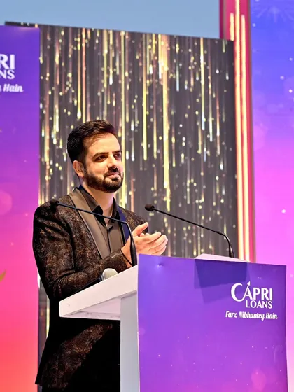 At the podium during the Capri Loans "Sales Ke Bahubali" Annual Meet in Jaipur.
