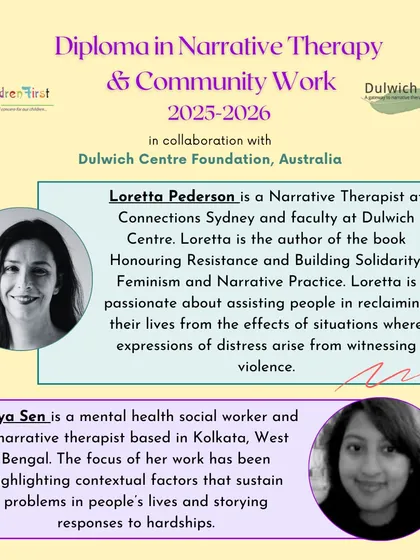 Meet more of the international faculty for our Narrative Therapy diploma. This graphic introduces two experts from Connections Sydney and the Dulwich Centre.