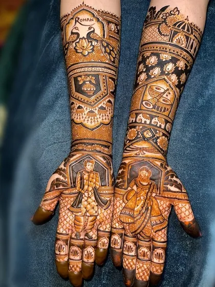A personalized design with the groom's name "Rohan" hidden among peacock and lotus motifs, with a couple portrait on the palms.