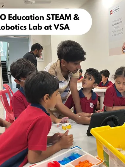 We bring our expert instruction directly into schools. Here, one of our trainers guides a group of curious students at Vidyashilp Academy, demonstrating how our in-school programs foster collaboration and bring STEM concepts to life in a familiar classroom setting.