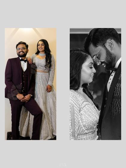 A stylish collage with a full-length color photo and an intimate black and white portrait, perfect for a modern wedding album.