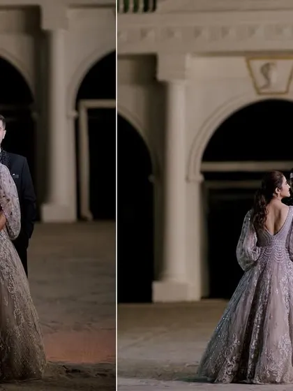 A diptych showing two different angles of the couple in their beautiful evening gown and tuxedo. This showcases both a full-length view of the outfits and a more interactive, candid moment.