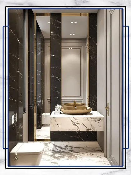 A luxurious powder room concept featuring walls of black marble with gold veining, a marble countertop, and a stunning gold-finished sink. This is the level of opulence we can bring to a project.