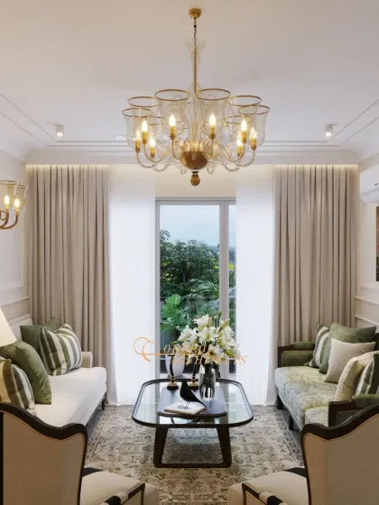 A classic living room setup with a symmetrical layout, elegant chandelier, and pops of green in the cushions and floral arrangements. This space is a perfect blend of traditional charm and modern comfort.