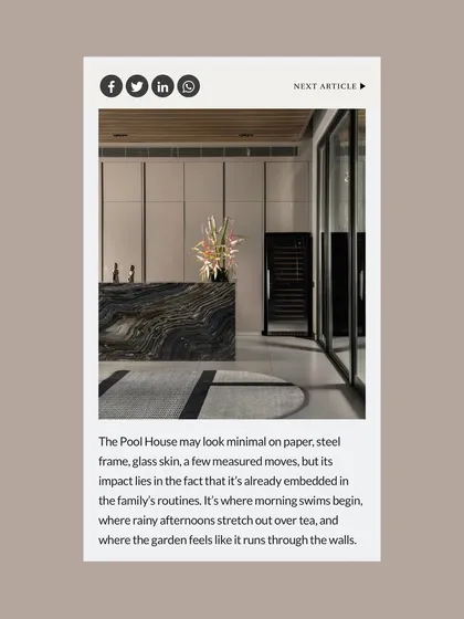 This final shot from the magazine shows the minimal yet impactful details of the kitchen and bar area, emphasizing how the space is embedded in the family's daily routines.