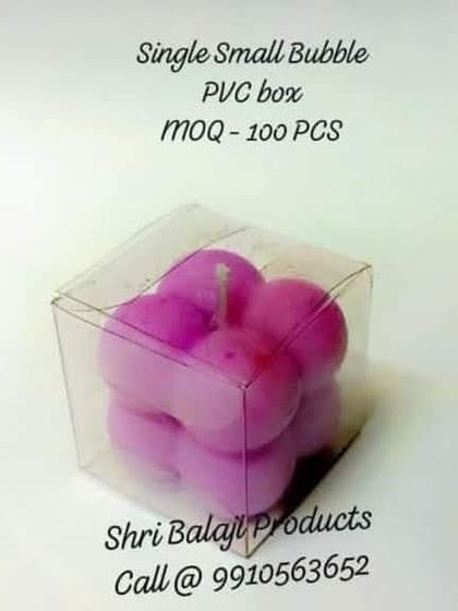 A single small bubble candle in a perfectly sized PVC cube. This is an ideal packaging solution for party favors or small retail items.