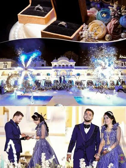 A collage from a grand destination engagement in Jaipur, showing the rings, fireworks, and the couple's portraits.