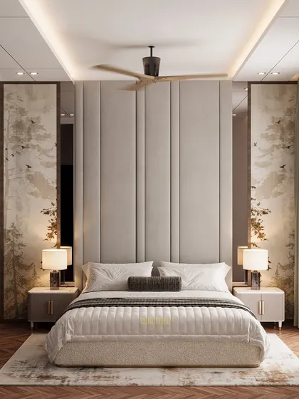 The full view of the master bedroom at ATS Rhapsody, showing the balance between the quilted feature wall, the wallpaper panels, and the spacious layout.