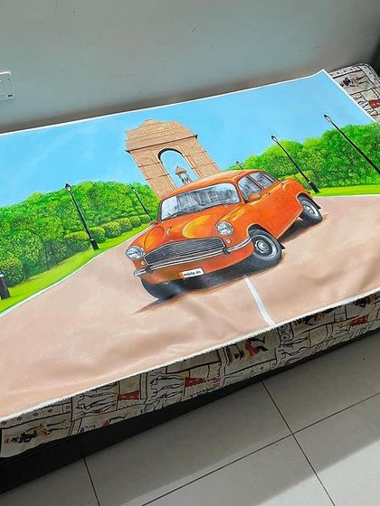 The large Ambassador canvas laid out during the painting process. Creating such a large piece requires careful planning of composition and scale.