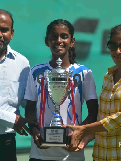 The prize ceremony at the Ramesh Desai Memorial Nationals. Trisha Bhosale receiving her U12 National Runner-Up trophy, a reward for her incredible dedication and fighting spirit.