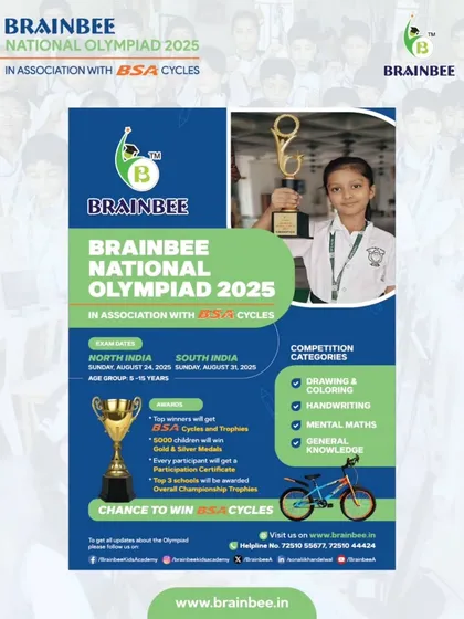 Here is everything you need to know about the Brainbee National Olympiad 2025. This poster details the exam dates for North and South India, the competition categories, and the exciting awards, including BSA Cycles and trophies for top winners.