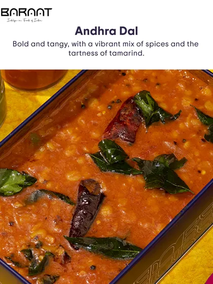 My Andhra Dal is bold and tangy, with a vibrant mix of spices and the tartness of tamarind.