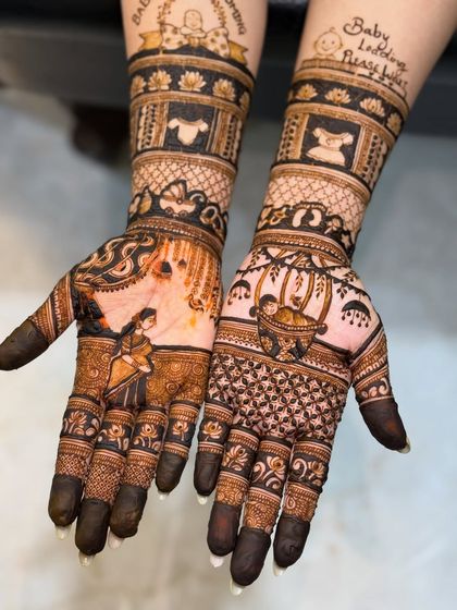 A fun and detailed baby shower design, featuring a baby in a cradle, a pregnant mother figure, and lots of cute baby items like bottles and onesies.