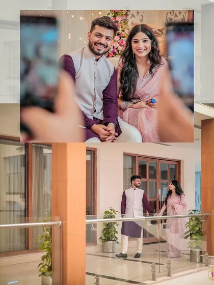 A collage from a Roka ceremony, showing the couple posing for photos and a candid shot on a balcony.