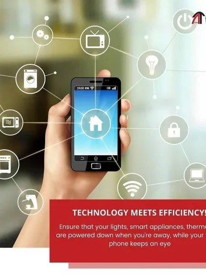 Technology meets efficiency with our smart home systems. This graphic illustrates how you can use your smartphone to ensure lights, appliances, and thermostats are powered down when you are away, giving you peace of mind and saving energy.